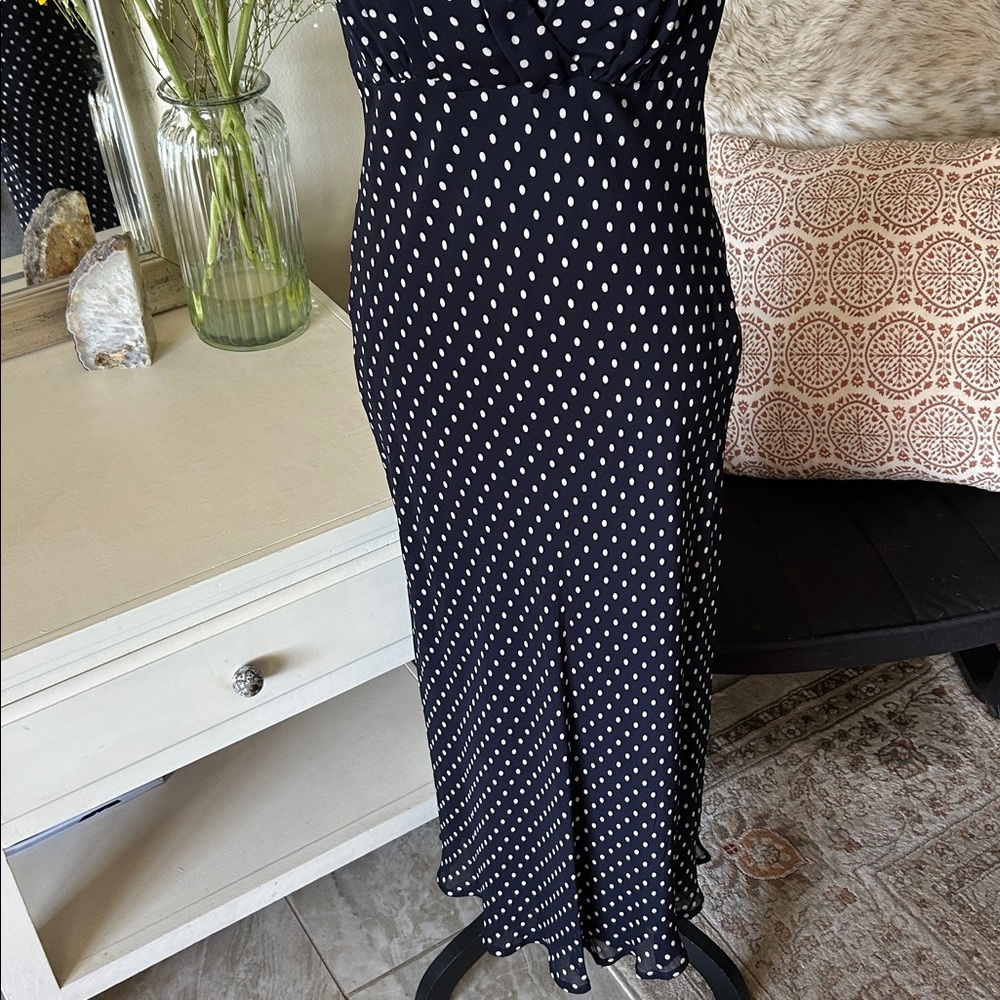 Style & Co. vtg navy polkadot chiffon feminine slip classic midi dress 8โ - Picture 3 of 14